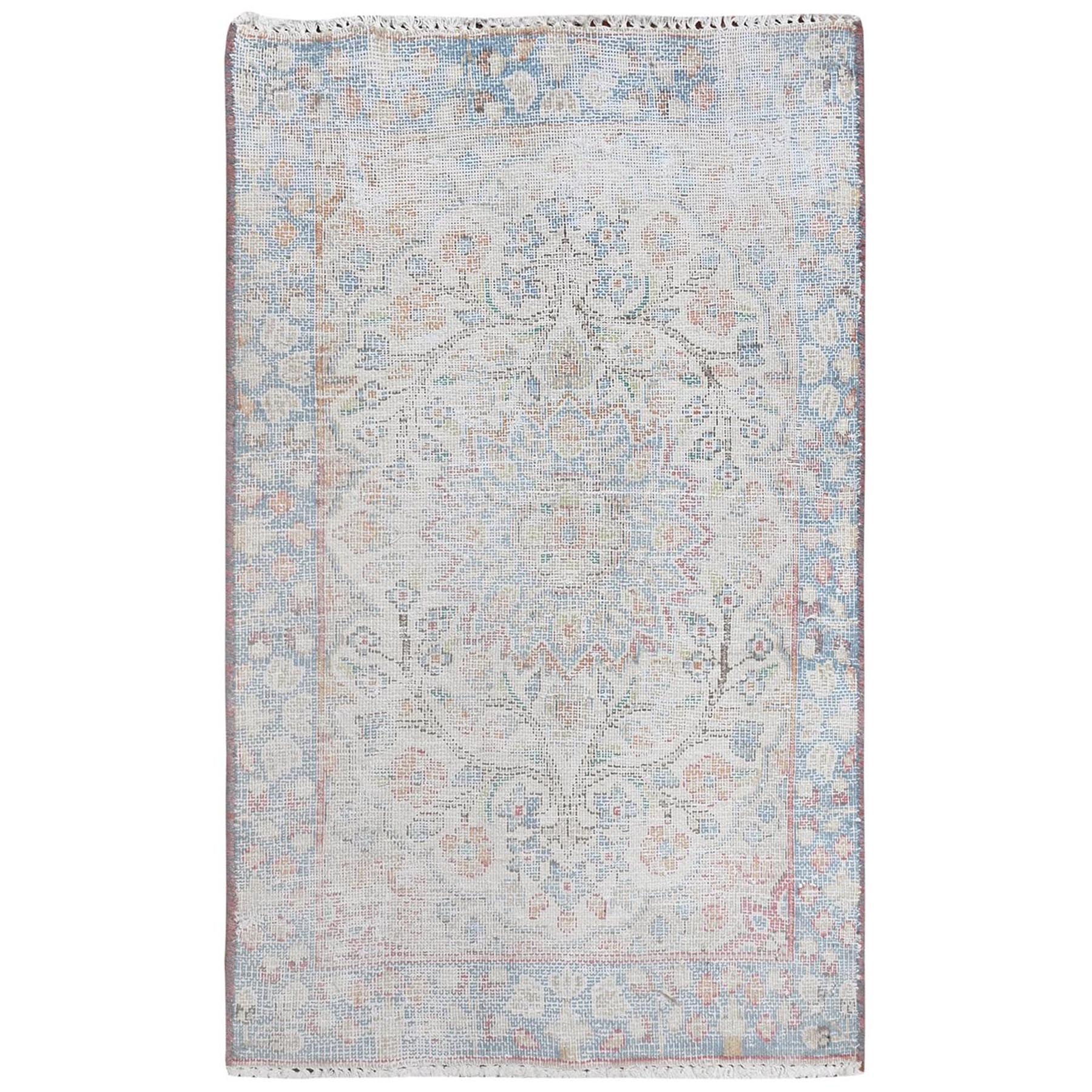 1'9"x2'9" Ivory, Old Persian Kerman Cropped Thin, Distressed Look Worn Wool Hand Knotted, Mat Oriental Rug 